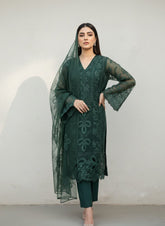 Emerald Enchantment – Embroidered 3-Piece Organza Suite
