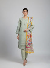 Sage Green Embroidered 3-Piece Cotton Suit – Floral Elegance Edition