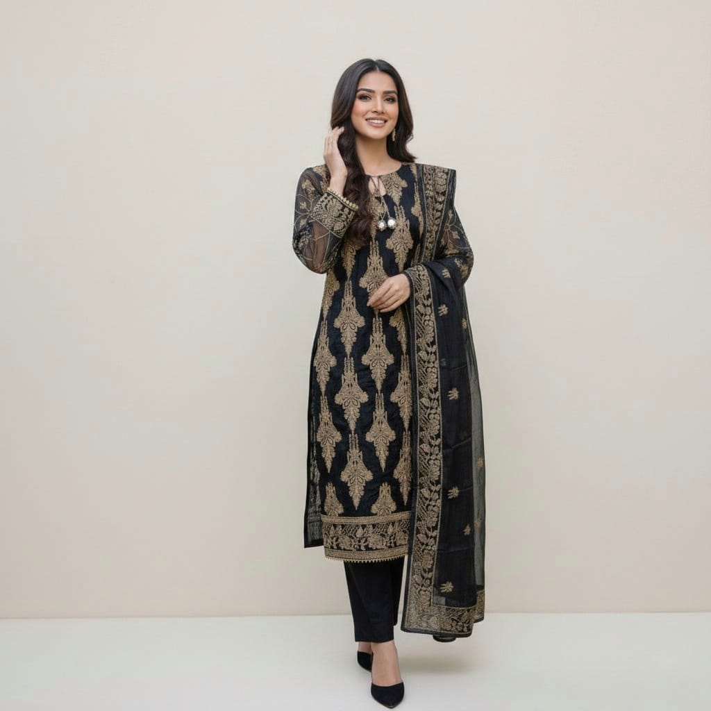 Midnight Gold – Embroidered 3-Piece Festive Suite