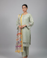 Sage Green Embroidered 3-Piece Cotton Suit – Floral Elegance Edition